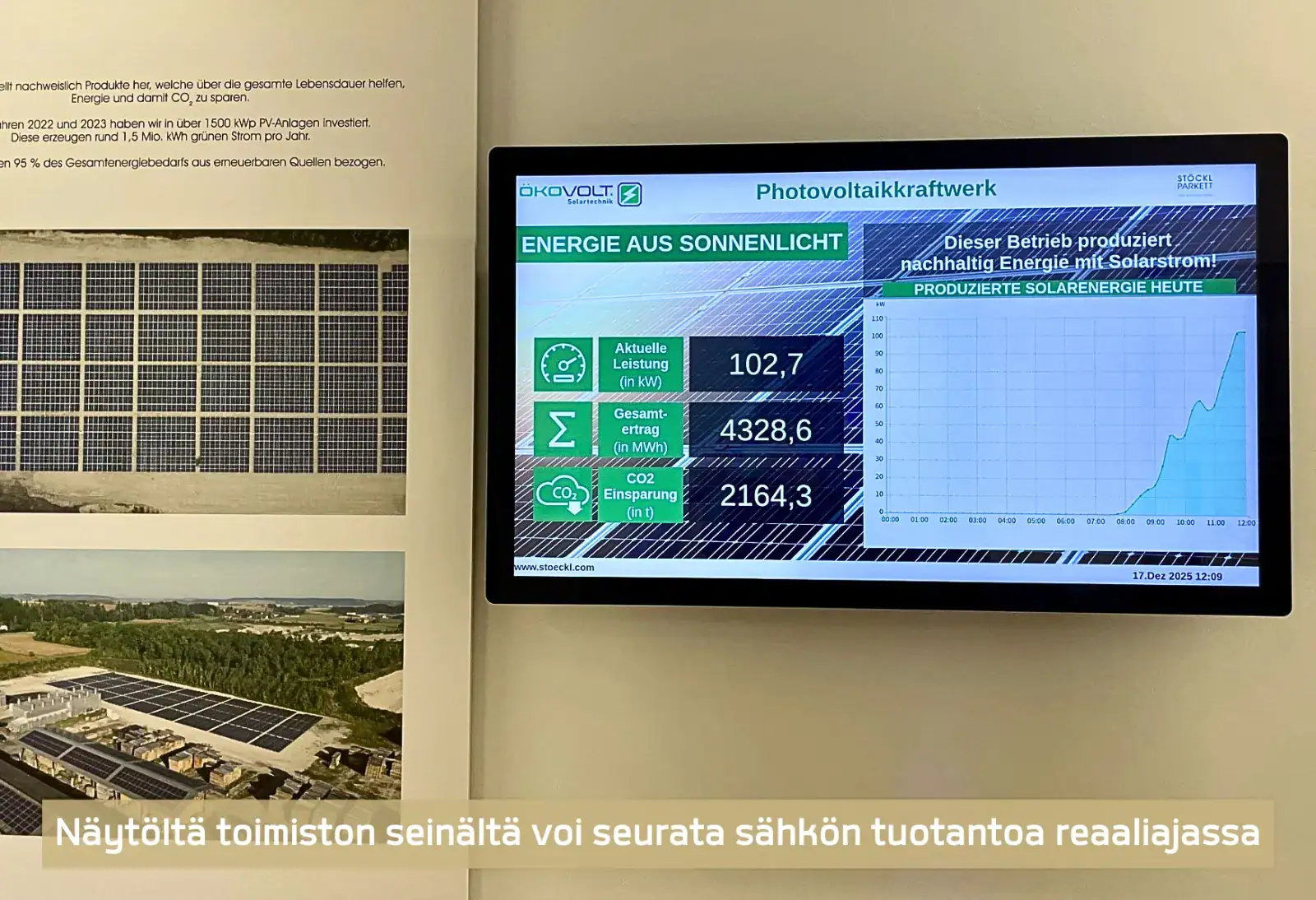 Stöckl Parkettin toimistolla voi seurata energiantuotantoa reaaliajassa seinällä olevasta ruudusta.